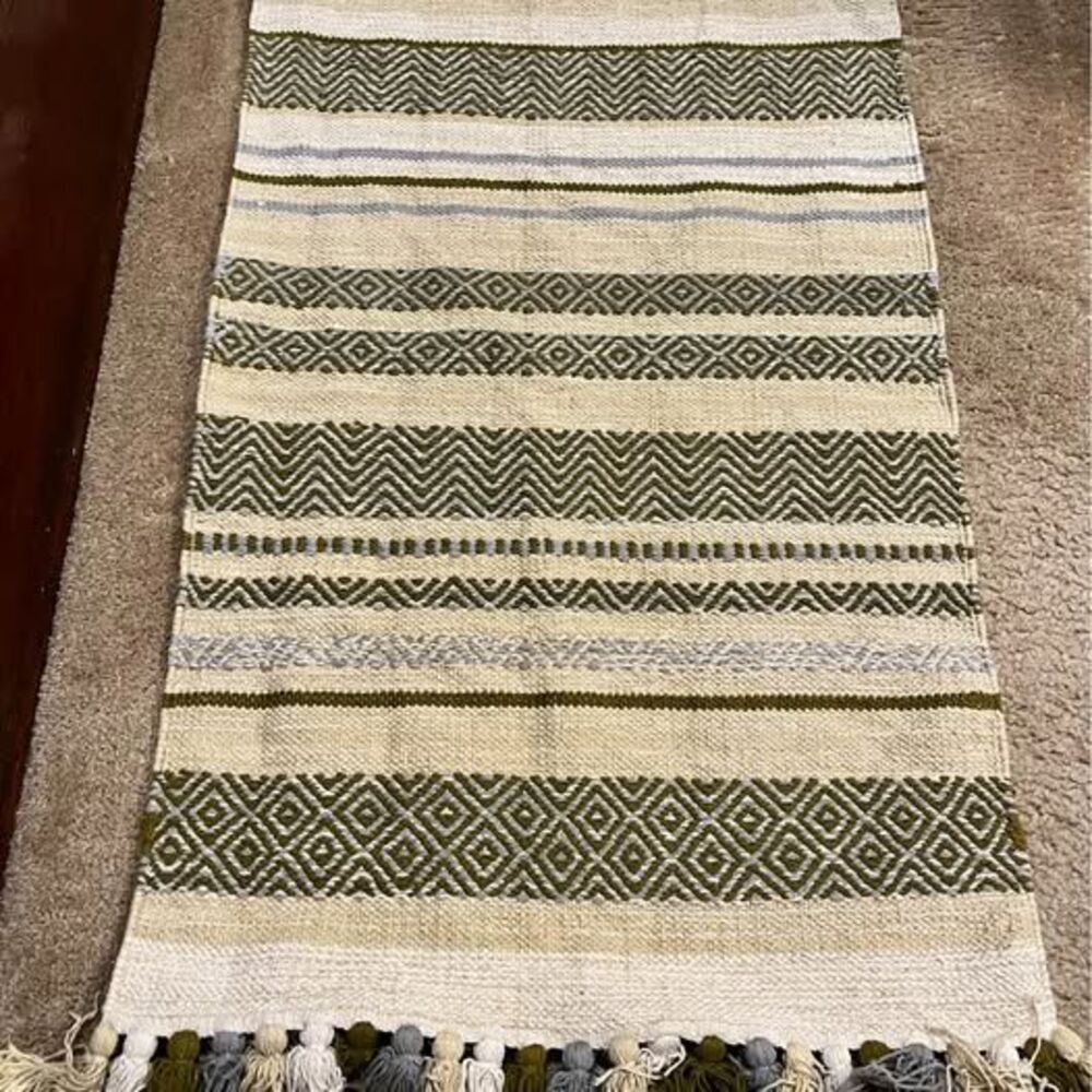 Cost Plus Cotton Woven Room Rug Beige Striped Green set of 2